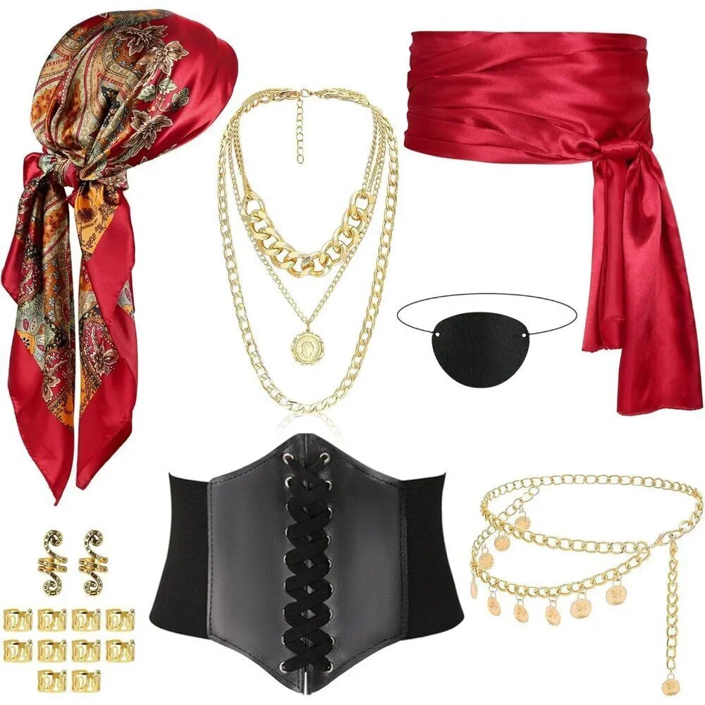 Pirate Costume Accessories Set Women 8 Pcs Headscarf Chain Sash Necklace Belt